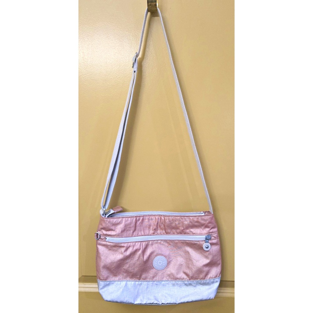 Kipling Metallic Rose Gold Crossbody Bag Two Tone Silver Trim Nylon Purse Rare